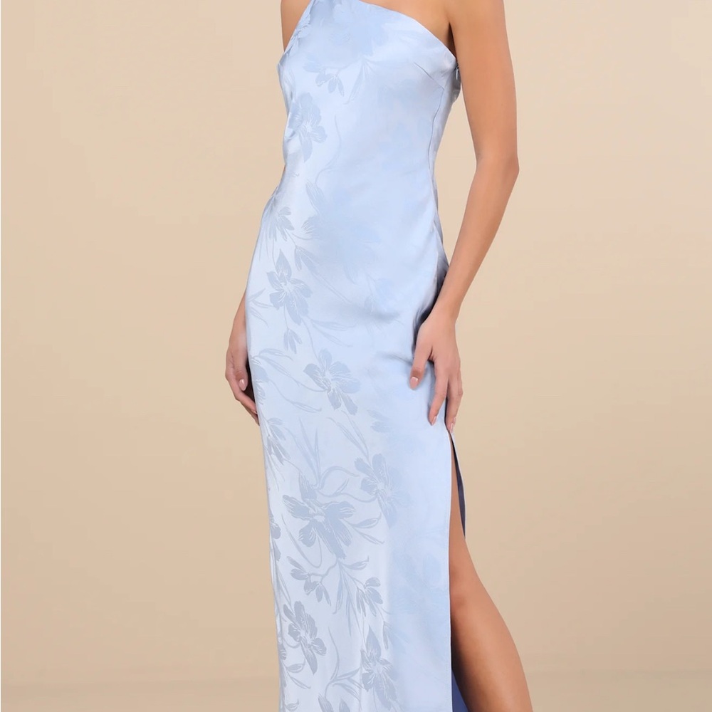 Nadra Light Blue Satin Jacquard One-Shoulder Maxi Dress
